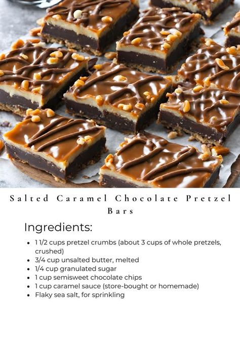 Tasty Cooking - easy & yummy | Indulge your sweet tooth with our Irresistible Salted Caramel Chocolate Pretzel Bars - the perfect combination of sweet caramel, rich chocolate, and c... | Facebook Caramel Chocolate Recipes, Gooey Chocolate Caramel Bars, Pretzel With Caramel And Chocolate, Carmel Pretzel Chocolate Bars, Caramel Pretzel Bars, Gooey Salted Caramel Brownies, Chocolate Pretzel Bars, Salted Caramel Brownies With Pretzel Crust, Caramel Filled Brownies