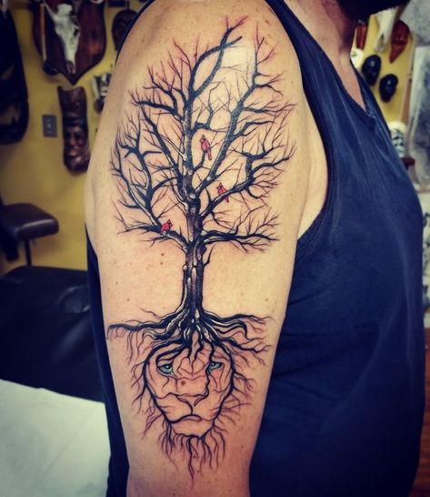 Lion And Tree Tattoo, Lion Protecting, Tattoo That Represents Growth, Memories Tattoo, Predator Tattoo, Remember Tattoo, Tree Roots Tattoo, Red Bird Tattoos, Name Tattoos For Moms