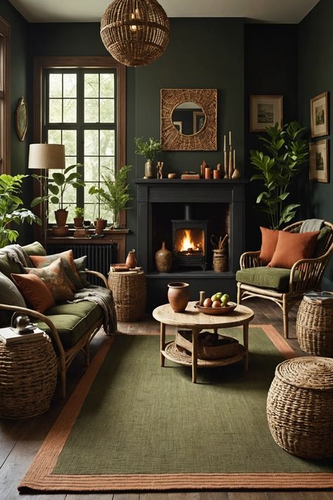 20 Dark Living Room Ideas – ToolzView Black And Brown Moody Living Room, Snug Decorating Ideas, Dark Paint Living Room Cozy, Moody Green Sitting Room, Living Room With Dark Green Wall, Dark Vibes Living Room, Black Brown Gold Green Living Room, Dark Moody Living Room Ideas, Dark Green Maximalist Living Room