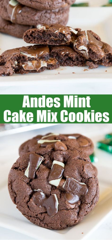 Andes Mint Cake Mix Cookies - Combine 2 favorites, Andes Mint Cookies and Cake Mix Cookies into one and get these super easy, chocolate-y, and fudgy cookies! Mint Cake Mix Cookies, Andes Mint Cake, Andes Candies, Fudgy Cookies, Cookies 2023, Andes Mint Cookies, Andes Mint Chocolate, Chocolate Christmas Cookies, Cake Box Cookies