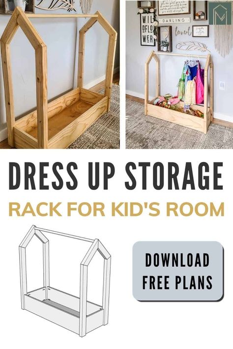 Wooden Dress Up Rack, Daycare Dress Up Area, Diy Princess Wardrobe, Hanging Dress Up Clothes On Wall, Diy Toy Room Storage, Playroom Dress Up Storage, Diy Dress Up Clothes Storage, Dress Up Organization Ideas, Princess Dress Storage Diy