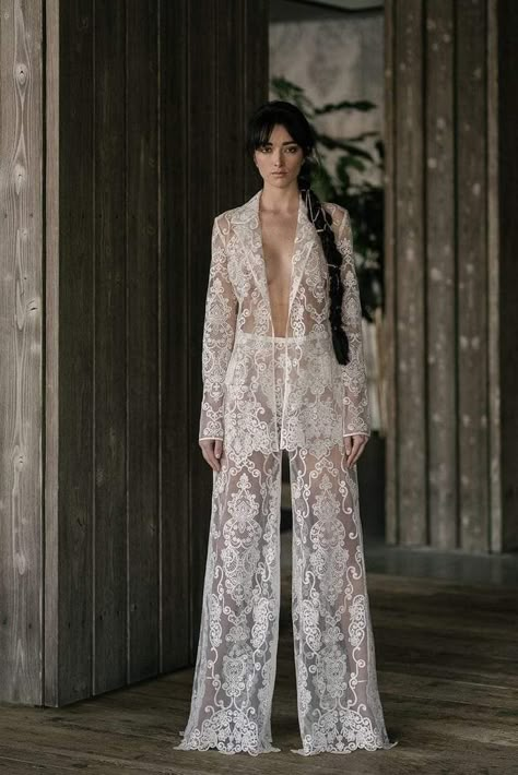 White Lace Suit, Rivini By Rita Vinieris, Lace Jumpsuit Wedding, Lace Suits, Bridal Pants, Rita Vinieris, Wedding Pantsuit, Wedding Pants, Lace Suit