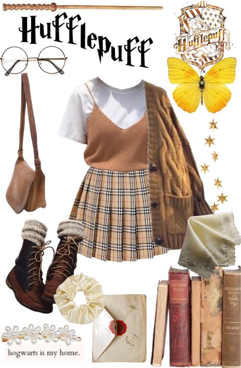 Huffle Puff Outfits, Hufflepuff Academia Outfit, Hufflepuff Outfit Summer, Harry Potter Inspired Outfits Hufflepuff, Harry Potter Outfits Ideas, Harry Potter Themed Outfits, Harry Potter School Uniform, Hufflepuff Aesthetic Outfits, Hufflepuff Inspired Outfits