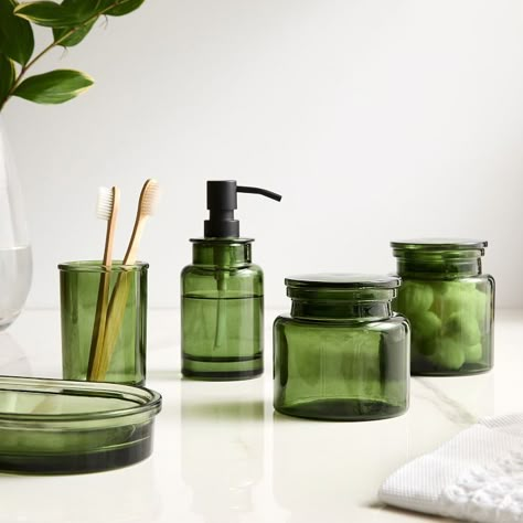 Apothecary Glass Bath Accessories | West Elm Apothecary Bathroom, Bamboo Bathroom Accessories, Light Up Vanity, Glass Bathroom Accessories, Green Bathroom Decor, Modern Bathroom Accessories, Bamboo Bathroom, Soap Pump, Glass Bathroom