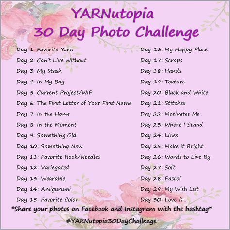 On June 1st, 2017, YARNutopia will launch the summer season by beginning a 30 Day Photo Challenge and invite all crochet, knit, and yarn lovers to join in on this fun and exciting one month photogr… August Crochet Challenge, Monthly Crochet Challenge, Crochet Challenge 30 Day, 30 Day Photo Challenge, Photography Challenges, Crochet Challenge, Crochet Cal, Minion Hats, 30 Day Drawing Challenge