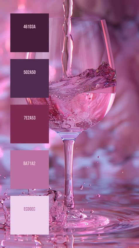 Colors:
461D3A
502A50
7E2A53
BA71A2
ECD0EC Wine Splash, Colour Palette Ideas, Website Color Palette, Elegant Wine, Color Design Inspiration, Hex Color Palette, Hex Color, Palette Art, Colour Pallets