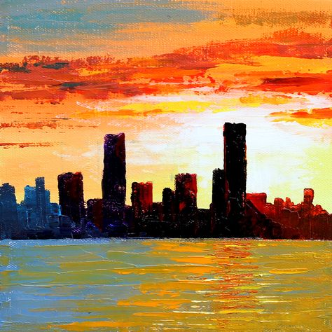 Easy Cityscape Painting, City Painting Easy, Cityscape Embroidery, Painting With Palette Knife, City Scape Painting, September Aesthetic, Acryl Art, Cityscape Paintings, Cityscape Drawing