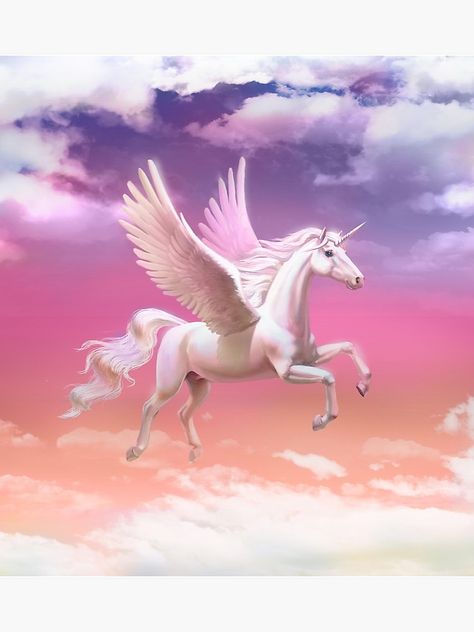 "Flying unicorn at sunset" Poster by Antracit | Redbubble Unicorn Picture, Unicorn Artwork, Flying Unicorn, Pegasus Unicorn, Magical Horses, Unicorn Pictures, Fantasy Horses, Unicorn Illustration, Unicorn Wallpaper