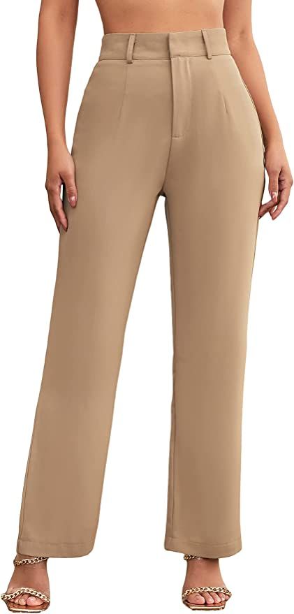 SweatyRocks Women's Elegant High Waist Solid Long Pants Office Trousers Old Money Pants, Office Trousers Women, Office Pants Women, Trouser Pants Pattern, Trousers Women Outfit, Pant Trousers Women, Work Pants Women, Khaki Trousers, Office Pants