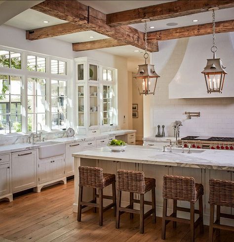 class fronts and sides on the cabinet between the windows allows for shelving while keeping an airy, open look Dapur Rustic, French Farmhouse Kitchen, Kitchen Traditional, Country Kitchen Designs, Home Bunch, French Country Kitchens, Farmhouse Kitchen Cabinets, Farmhouse Kitchen Design, Wine Shop