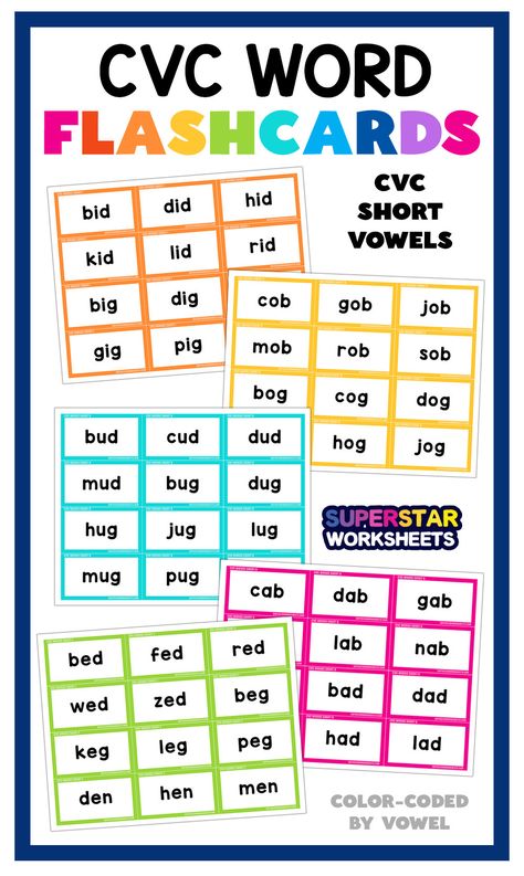 Teaching literacy to beginning readers just got a whole lot more fun! These short vowel CVC word flashcards give students opportunities to practice reading fluency, phonics, and rhyming skills! #free #literacy #reading #flashcards #cvc #shortvowel #wordfamilies Cvc Flashcards, Phonics Flashcards Free Printable, Cvc Flashcards Free, Cvc Word Flashcards Free, Rhyming Words Flashcards, Cvc Words Reading Practice, Cvc Picture Cards Free, Cvc Flashcards With Pictures, Cvc Word Fluency