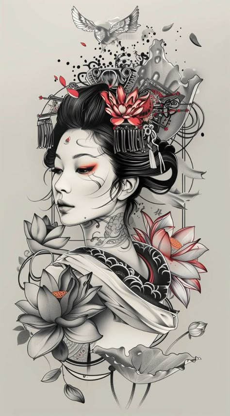 Explore beautiful geisha tattoos, including traditional and modern designs. . #Asian_Tattoos_Design #Trad_Japanese_Tattoo_Sleeve #Geisha_Tattoo_Back #Rich_Tattoo_Design Geisha Tattoo Back, Japanese Geisha Tattoo Traditional, Rich Tattoo Design, Japanese Tattoo Art Geisha, Chinese Tattoo Art, Geisha Girl Tattoo, Geisha Tattoo Sleeve, Female Samurai Tattoo, Rich Tattoo