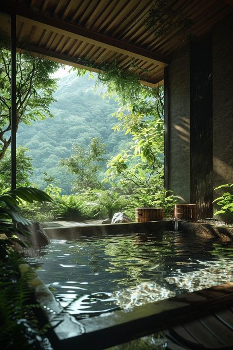 Forest Inspired Bathroom, Hot Spring Aesthetic, Rainforest House, Relaxing Spaces, Minimalism Home, Zen House, Tree Houses, Pretty Landscapes, Dream House Interior