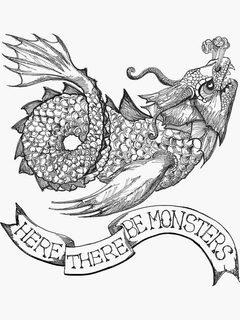 "Here There Be Monsters - Black" Sticker by SAITKEN | Redbubble Sea Monsters Drawing, Sea Monster Art, Scrimshaw Art, Monster Tattoo, Medieval Tattoo, Sea Tattoo, Story Aesthetic, Pirate Halloween, Scale Drawing