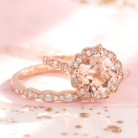 La More Design | Inspiration -  #wedding #love #weddingphotography#bridesmaiddress #weddinginvitations#weddingdress #weddinggown #weddinginspo #bride #weddedbliss #weddingstyle #weddingfun #weddingceremony #marryingmybestfriend #weddingday #weddingchicks Peach Gemstone Ring, Morganite Engagement Ring Cushion Cut, Peach Morganite Ring, Morganite Ring Set, Morganite Diamond Ring, Pink Morganite Ring, Rose Gold Morganite Ring, Custom Made Engagement Rings, Vintage Inspired Rings