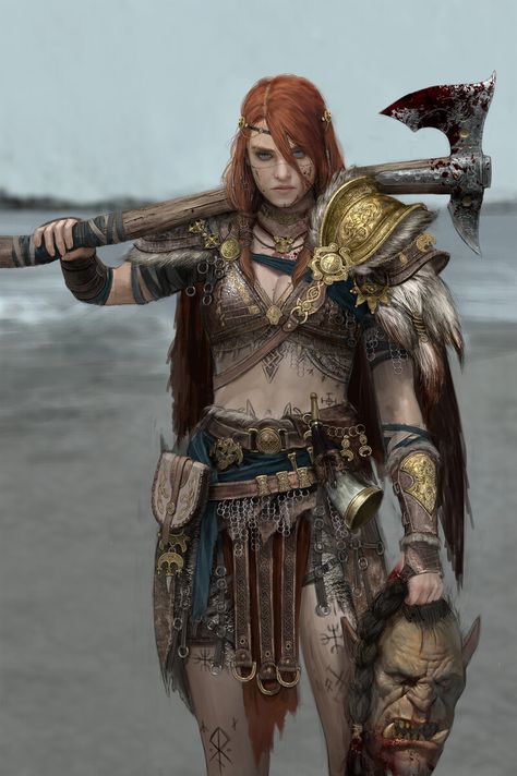 ArtStation - viking woman, Maronie Barbarian Male Character Art, Concept Character Sheet, Viking Pose Reference, Vikings Reference, Norse Character Design, Female Barbarian Character Design, Viking Woman Art, Viking Concept Art, Viking Character Design