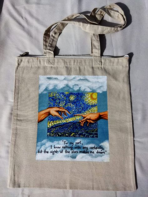 Van Gogh starry night painting Cloth Bag Painting Ideas, Van Gogh Starry Night Painting, Totebag Painting, Tote Bag Painting, Handpainted Tote Bags, Canvas Art Painting Abstract, Bag Painting, Bengali Art, Painted Clothes Diy