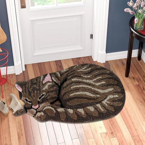 PRICES MAY VARY. 😺【Charming Sleeping Cat Design】Adorn your home with this decorative cat doormat featuring a captivating hand-hooked design. Its aesthetic adds personality as well as a touch of whimsy to any space! 😺【Handcrafted to Perfection】Made from polyester, this cat bathroom rug offers both durability and softness underfoot. The hand-hooked construction ensures intricate detailing that stands the test of time. 😺【Non-Slip Bottom for Safety】For us, safety comes first. That's why our cat r Entry Living Room, Cat Rug, Product Showcase, Door Bathroom, Cat Door, Rug Cleaner, Floor Carpet, Cat Sleeping, Cat Room