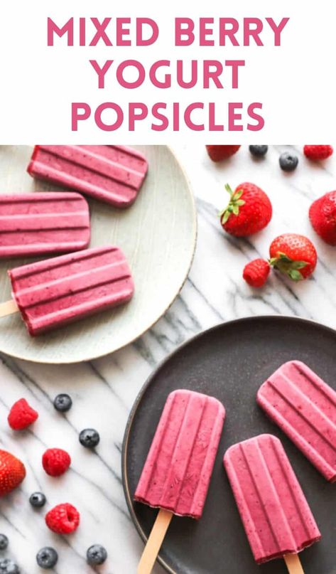 Berry Popsicle Recipes, Greek Yogurt Popsicle Recipes, Coconut Yogurt Popsicles, Mixed Berry Popsicles, Dairy Free Popsicles, Yogurt Popsicle Recipes, Creamy Popsicles, Berry Popsicles, Berry Yogurt