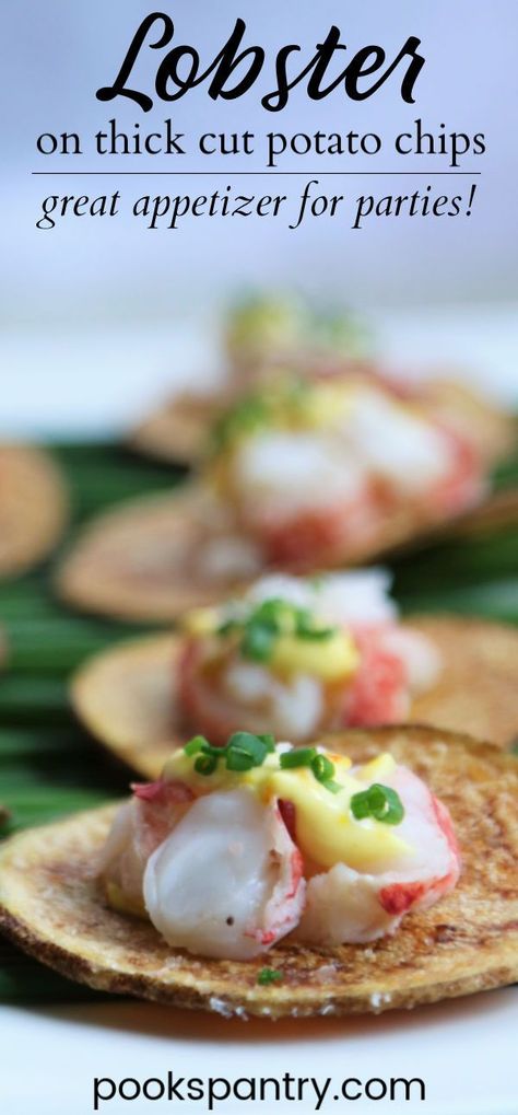 Lobster on thick cut potato chips with saffron aioli. A fancy-looking appetizer for holiday parties that is actually really easy to make!  #lobster #holidayrecipes #holidayappetizers #seafood Lobster Tail Appetizer, Saffron Aioli, Lobster Appetizers, Holiday Appetizers Thanksgiving, Salmon Appetizer Recipes, Hamptons Party, Gourmet Appetizers, Fancy Appetizers, Lobster Tail