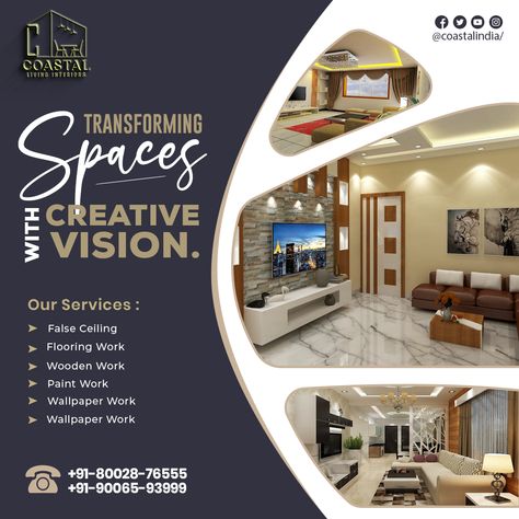 We are an interior design company dedicated to creating functional, stylish and timeless spaces. With a focus on attention to detail and client satisfaction, we strive to deliver exceptional interior design services tailored to meet the unique needs and preferences of each client. Get More Information Call Us:- +918002876555 +919006593999 Our Website Link www.coastallivinginteriors.co.in #interiordesign #design #interior #homedecorating Home Decor Advertisement, Interior Design Banner Ideas, Interior Design Promotion Poster, Interior Design Services Flyer, Interior Design Ads Poster, Interior Advertising Design, Interior Design Poster Ideas, Interior Design Advertising Poster, Interior Creative Ads