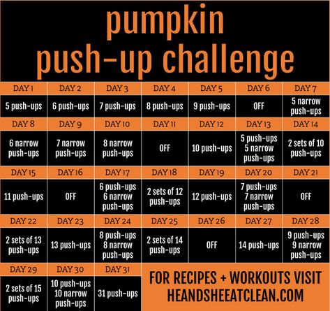 31-Day Pumpkin Push-Up Challenge #fitness #workout #heandsheeatclean #pushup #challenge March Madness Fitness Challenge, Pushup Challenge, 12 Week Workout, Challenge Fitness, Fall Fitness, Clean Eating Lifestyle, Weekly Workout Plans, Month Workout, Squat Challenge