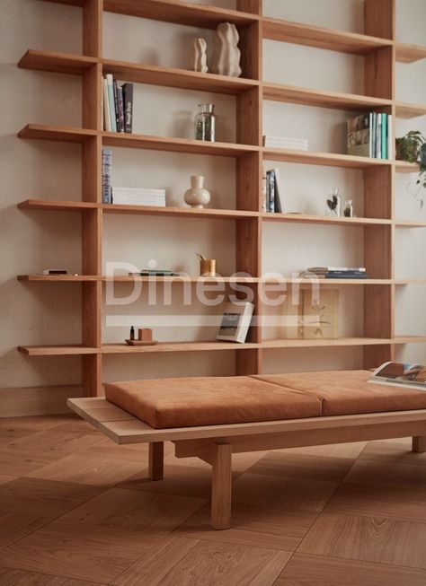 White Oak Bookcase, Long Low Bookcase, Lounge Nook, Scandinavian Bookshelf, Oak Bookshelf, Book Shelving, Oak Bookshelves, Ceiling Shelves, Oak Floating Shelves