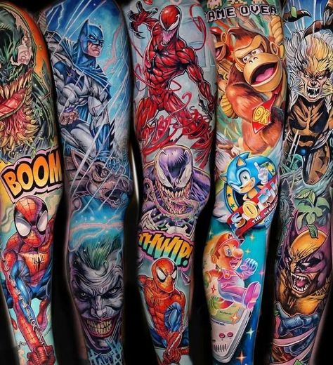 Marvel Tattoo Sleeve, Tato Realis, Game Tattoo, Spiderman Tattoo, Avengers Tattoo, Dibujos Toy Story, Colorful Tattoos, Cool Tattoo Drawings, Marvel Tattoos