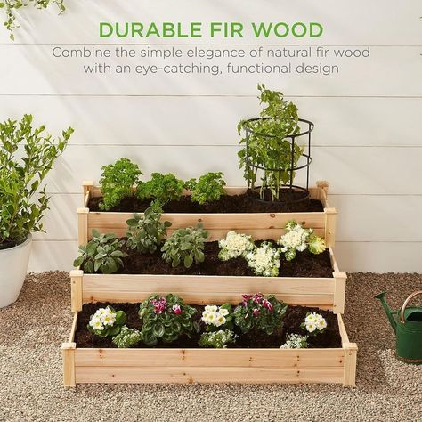 Level up your gardening this season with a 3-tier garden bed. Crafted with an open bottom on each level, it easily allows room for short, medium, and tall plants to grow to their full potential. Durable fir wood provides a natural appearance in any yard or garden and is sure to stand the test of time. Slide the pieces together in just minutes, as no tools are needed to set up this home for plants and veggies. #gardeningidea #backayardfarming #gardeningtools #gardening #homesteading Diy Vegetable Garden Ideas, Little Garden Ideas, Garden Planters Ideas, Raised Garden Beds Ideas, Garden Beds Ideas, Vegetable Garden Planters, Diy Vegetable Garden, Vegetable Garden Boxes, Cute Decor Ideas