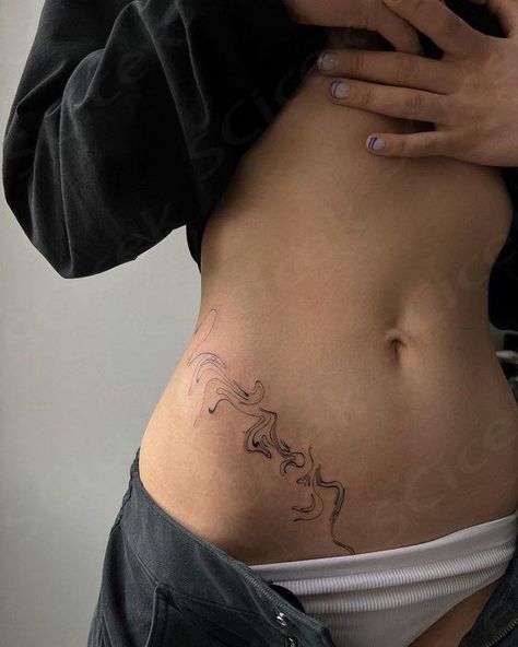 Waist Tats Women, Simple Pelvic Tattoo, Tattoo Ideas Pelvic Area, Wave Tattoo Side Ribs, Belly And Hip Tattoos, Simple Body Tattoos For Women, Lower Belly Hip Tattoo, Side And Hip Tattoos, Waist To Hip Tattoo