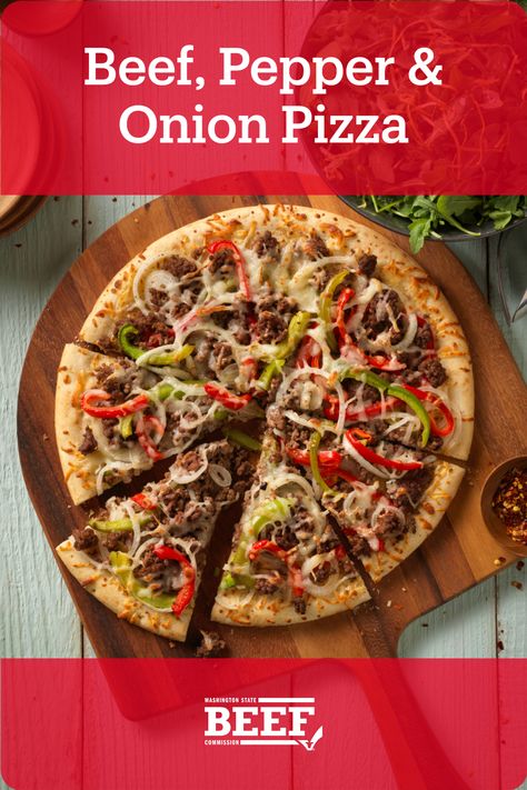 Enjoy pizza with Ground Beef, onions and peppers in under thirty minutes. Beef And Onion Pizza, Ground Beef Pizza Recipes, Ground Beef Pizza, Pizza Oven Recipes Wood Fired, Vegetable Pizza Recipes, Beef Pizza, How To Cook Hamburgers, Onion Pizza, Pizza Oven Recipes