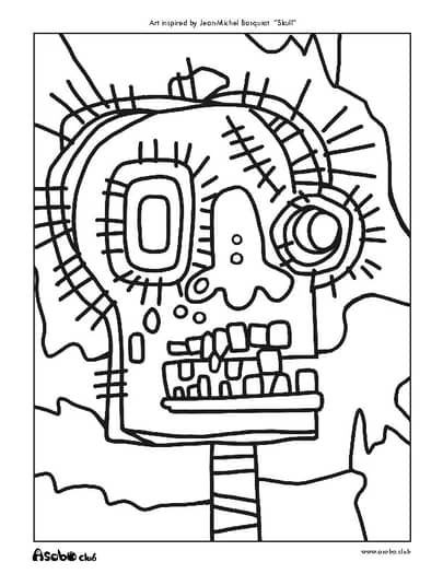 Coloring Sheet | Famous Artist | Jean-Michel Basquiat | Self portrait(Landscape) Basquiat Art Lesson Kids, Jean Michel Basquiat Art Lesson For Kids, Basquiat Self Portrait, Basquiat Skull, Jean Michel Basquiat Art, Coloring Therapy, History Lesson Plans, Art History Lessons, Basquiat Art