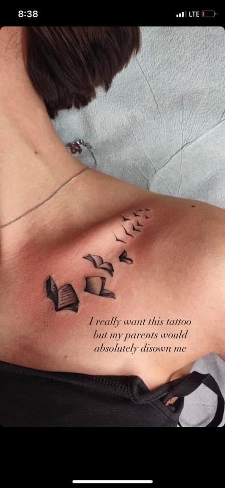 Book Tattoo Collar Bone, Book And Birds Tattoo, Book Into Birds Tattoo, Book To Bird Tattoo, Book Worms Tattoo, Flying Book Tattoo, Bird Book Tattoo, Book Lover Quotes Tattoo, Reading Related Tattoos