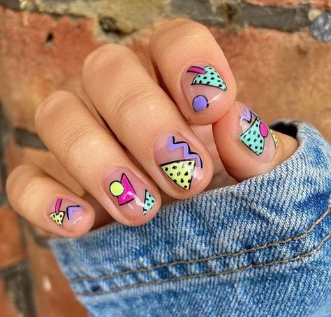 Saved By The Bell Nails, 90s Nail Designs Short Nails, 80s Style Nails, 80’s Nails, 80s Inspired Nails, 1980s Nails, 80s Nail Designs, 90s Inspired Nails, 80s Nails