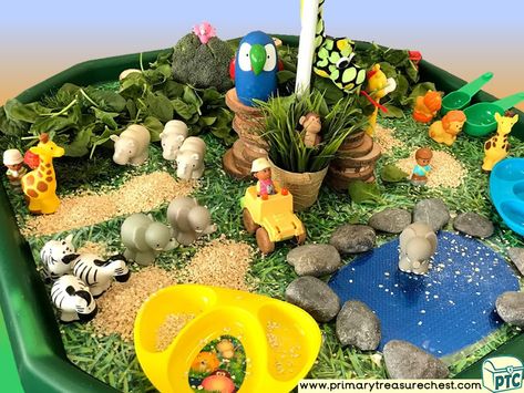 Safari - Jungle Animal Themed Small World Multi-sensory - Cereals Tuff Tray Ideas and Activities Rainforest Tuff Tray Ideas, Jungle Themed Tuff Tray, Africa Tuff Tray Ideas, Zoo Animal Tuff Tray Ideas, Safari Small World Play, Jungle Animal Tuff Tray Ideas, Zoo Tuff Tray Ideas, Safari Tuff Tray Ideas, Jungle Tuff Tray Ideas