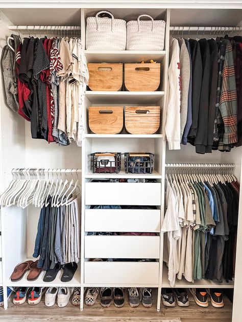 We replaced this outdated basic closet system with Ikea's Aurdal system in a configuration that worked best for the dimensions and what needed to be stored. Drawers, shelves and hanging rods are all adjustable and this is a closet that can grow with this teen. Let us help you find the perfect system to fit your needs and budget! Closet Organizer Systems, Closet System Reach In, Ike’s Closet System, Small Closet Ideas For Couples, Double Closet Design Layout, Shared Reach In Closet, Shoes In Closet Ideas, Remodeled Closet Ideas, Dual Closet Ideas