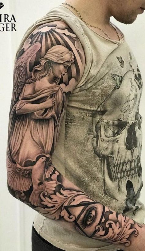 Gods Angels, Angel Sleeve Tattoo, Guardian Angel Tattoo, Tattoo Angel, Men Tattoos Arm Sleeve, Bone Tattoos, Angel Tattoo Designs, Tattoos Geometric, Shoulder Tattoos