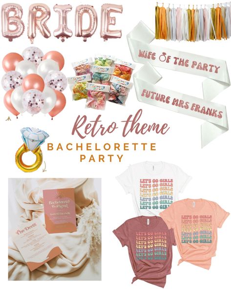 Bachelorette Party Themes Dazed And Engaged, Bachelorette Retro Theme, Retro Groovy Bachelorette Party, Retro Bachelorette Theme, Retro Bachelorette Party Theme, Retro Theme Bachelorette Party, Retro Bachelorette Party Decor, Fiesta Theme Party Outfit, Groovy And Boozy Bachelorette