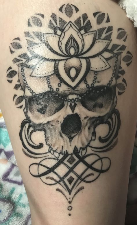 Mandala Skull Tattoo Design Women, Skull With Lotus Flower Tattoo, Spiritual Skull Tattoo, Lotus And Skull Tattoo, Lotus Flower And Skull Tattoo, Skull Lotus Tattoo, Mandala Dot Work, Lace Skull Tattoo, Side Leg Tattoo