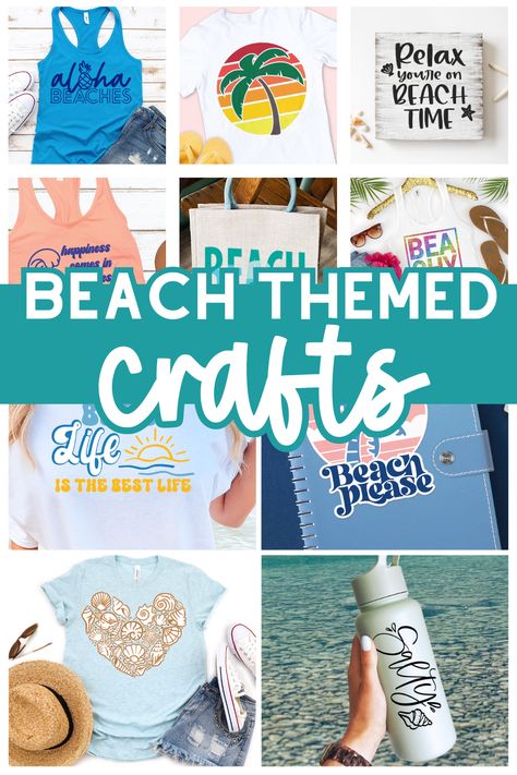 These free beach themed cut files are perfect for summer crafting with your Silhouette Cameo or Cricut. With adhesive vinyl you can customize Stanley cups, mugs, wood blanks and more. If you have a sublimation printer you can make shirts and beach bags to show off you love for summer. Summer | Summer Crafts | Activities for Kids | Ideas | Beach Crafts | Beach Themed Crafts | Beach Crafts DIY | Beach Crafts | Kid Friendly Fun Cricut Beach Bag, Beach Crafts Diy, Htv Projects, Beach Themed Crafts, North Carolina Beaches, Easter Stickers, Free Beach, Beach Diy, Beach Crafts