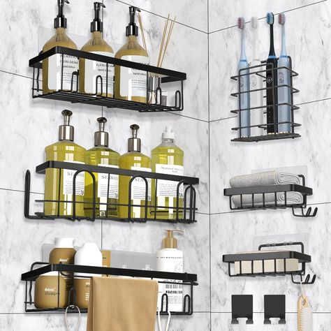 The DTUQYX bathroom organizer decor included 9 pieces for different uses(3 shower caddies, 2 soap holders,1 toothbrush holder ,1 tower holder,2 hook,and 6 pcs adhesives) .And we have designed 29 hooks for you to hang items such as towels, shower balls, and shower brushes.it also can be used for cooking seasonings easily with large capacities. Bathroom Shower Organization, Shower Caddies, Organizer For Bathroom, Shower Organizer, Bath Supplies, Shower Rack, Shower Shelf, Home Decor Shelves, Tool Room