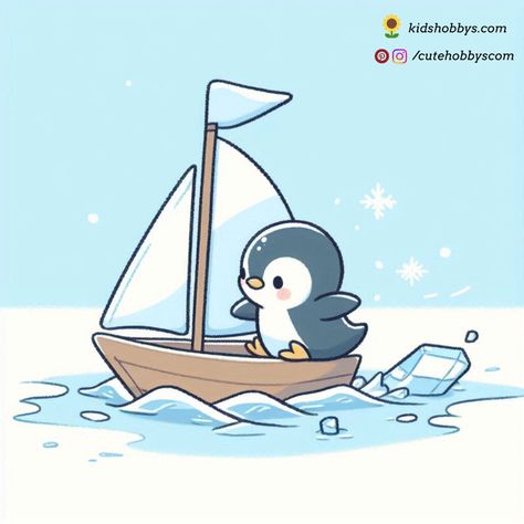 Penguin Sailing on a Frozen Pond with a Tiny Ice Sailboat ⛵❄️ Funny Penguin Drawing, Cute Penguin Drawing, Penguin Hug, Drawings For Kids, Penguin Cartoon, Penguin Birthday, Penguin Drawing, Frozen Pond, Sticker Inspo