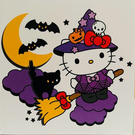 Questions? Leave A Comment Below! Witch Hello Kitty, Spooky Sanrio, Hello Kitty Holiday, Cat Wall Hanging, Halloween Hello Kitty, Witch On Broom, Halloween Blocks, Halloween Planner, Halloween Posters