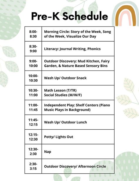 Whether you are a homeschooling mama teaching your children or a preschool teacher managing several little ones, this daily schedule offers flexibility and tons of outdoor discovery time for your little learners! #montessori #naturebased #emilioreggio #homeschool #homeschooling #motherhood #preschool #schedule #dailyschedule #routine #toddler #3yearold #4yearold #prek Homeschool Schedule Daily Routines, 3 Hour Preschool Schedule, Schedule For Daycare Daily Routines, Preschool Classroom Schedule Ideas, Pre K Class Schedule, Daily Routine For Preschoolers, Toddler Learning Schedule, Montessori Preschool Schedule, Preschool Homeschool Routine