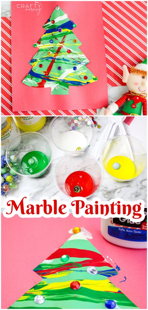 Marble Painting Christmas Tree Craft- easy kids craft. Christmas kids art project. Toddler preschoolers can do it. Simple xmas craft. Marble rolling painting idea. kids activity in winter time holidays Christmas Painting Crafts For Toddlers, Christmas Prek Art, Christmas Tree Toddler Craft, Winter Themed Crafts For Preschoolers, Dollar Tree Christmas Crafts Diy Kids, Christmas Tree Painting For Kids, Christmas Workshop Ideas Kids, Christmas Art For Kids Toddlers, Toddler Xmas Crafts