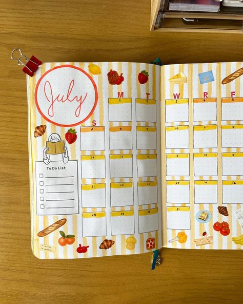 July Bullet Journal Calendar with @wednesdaycompany stickers! 💛🥐🍅🍌☕️🍓🥖🍒 #bujo #bulletjournal #bujomonthly #bulletjournalmonthly #bujonotebook #bujocalendar #bulletjournalcommunity July Bullet Journal Calendar, July Journal, July Bullet Journal, Bullet Journal Calendar, Journal Calendar, Bullet Journal Writing, June 30, Bullet Journal Inspiration, Journal Writing