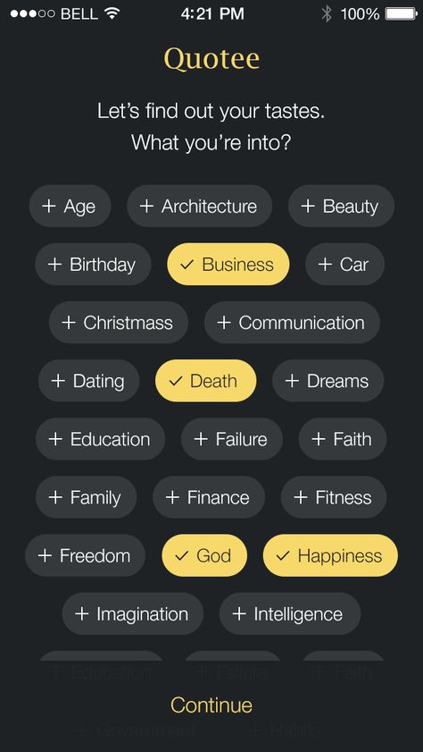 Quotee App by Michal Langmajer - Dribbble Category Ui Design, Dropdown Ui Design, Ui Design Mobile, Ui Buttons, Quotes App, Tag Cloud, Mobile App Design Inspiration, Ui Patterns, Mobile Interface