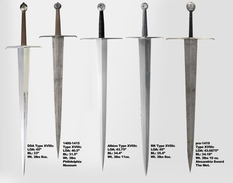 If you are looking for a type XVIII sword, here are some correctly scaled comparisons of what is currently in the marketplace. There are two extant examples of historic XVIIIc swords too, for comparison. Swords used here are from Dark Sword Armory, Albion, and Ronin Katana. The historic swords are one of the Alexandria swords from the Met. And another from the Philidelphia Museum, both dating to the early 15th century. Historic Swords, Medieval Forge, Knife Photography, Historical Swords, Medieval Swords, The Dark Ages, Types Of Swords, Historical Armor, Swords Medieval