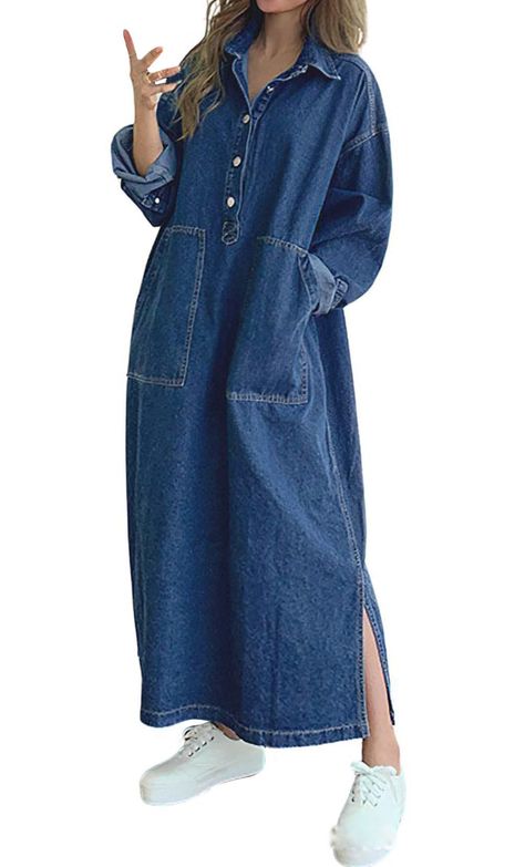 PRICES MAY VARY. Style: Maxi long denim shirt dress with side split, featuring 1/2 button down placket & turn down spread collar, long sleeve with drop shoulder, 2 big pockets for your hands Loose-fit jean dress can perfectly fit all figures, made of high quality and soft washed denim, about ankle length; Trendy and slouchy tunic dress in wardrobe, calssic design suit for everyone to wear, solid color: dark blue Versatile pullover denim sweatshirt dress, you can match with boots, sneakers, jacke Long Denim Shirt Dress, Long Jean Jacket, Long Sleeve Denim Dress, Denim Sweatshirt, Dress With Split, Denim Maxi Dress, Loose Long Sleeve, Long Jeans, Maxi Shirt Dress