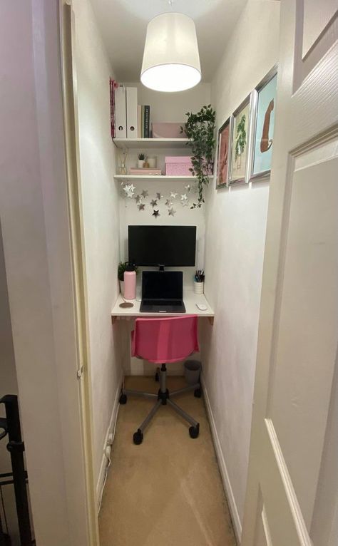 Woman transforms tiny hallway cupboard into chic office for a FIVER - but people are worried about how she gets in & out Home Office In Cupboard, Small Understairs Office Ideas, Office Idea For Small Space, Tiny Closet Office Ideas, Cupboard Office Ideas, Home Office In A Closet Ideas, Small Closet Desk Ideas, Small Office Room Ideas Home, Office In A Cupboard